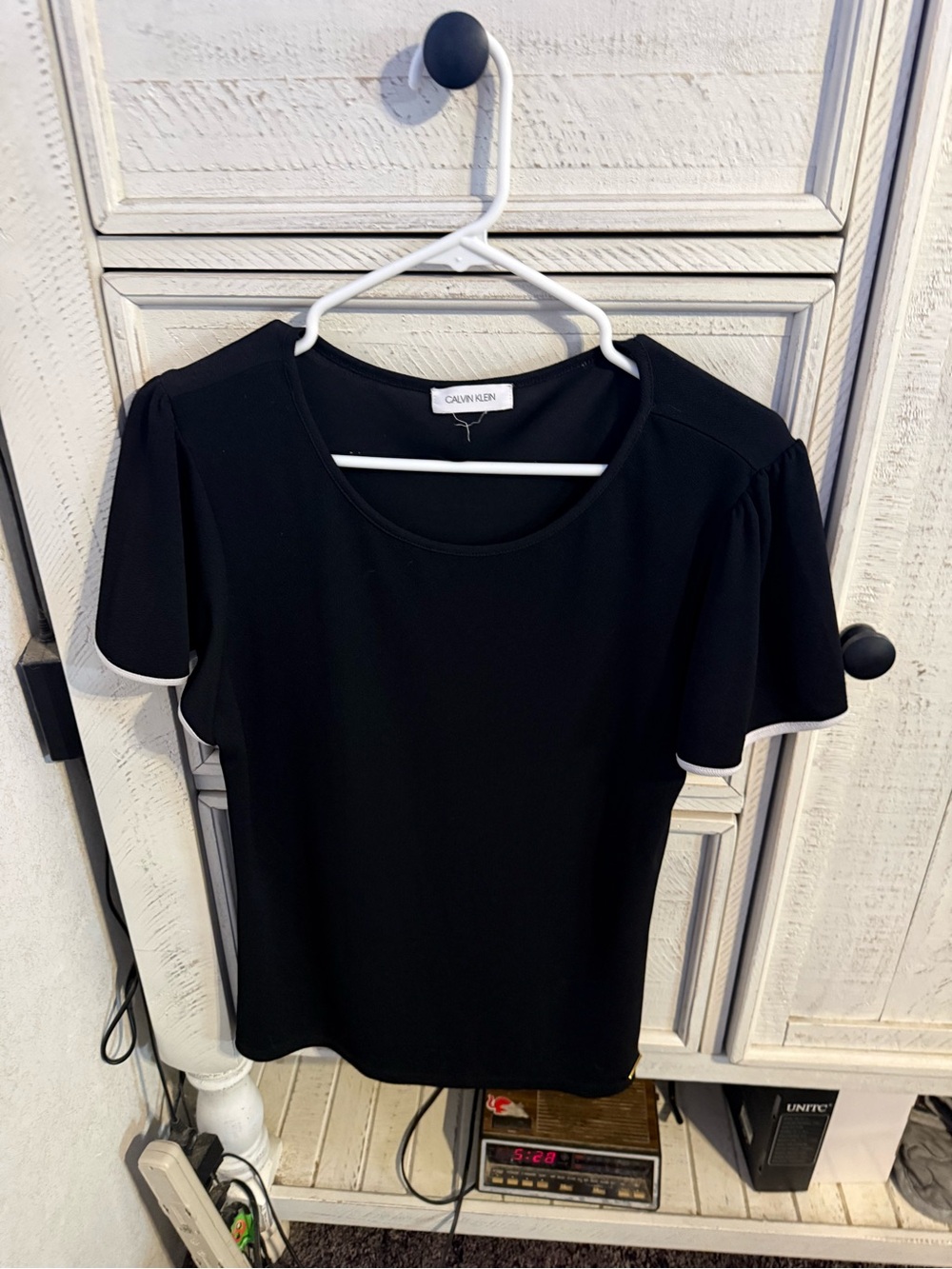 Calvin Klein Black Short Sleeve Scoop Neck Top with Flutter Sleeves